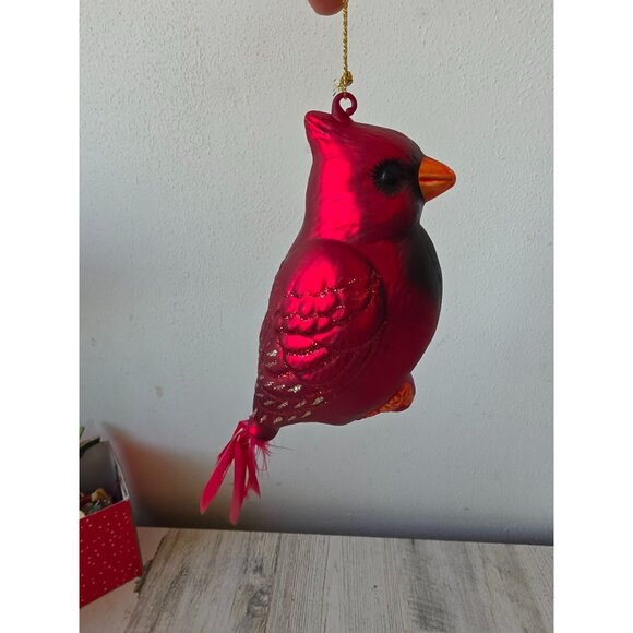 Glass red glitter cardinal feather ornament Xmas tree - Picture 1 of 9